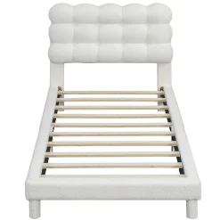 Lit 90x200 cm tapissé en tissu peluche blanc avec tête de lit réglable 3 positions, structure MDF, style moderne et épuré
