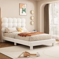 Lit 90x200 cm tapissé en tissu peluche blanc avec tête de lit réglable 3 positions, structure MDF, style moderne et épuré