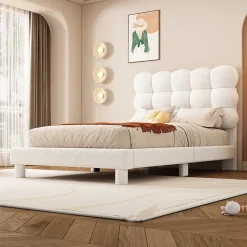 Lit 90x200 cm tapissé en tissu peluche blanc avec tête de lit réglable 3 positions, structure MDF, style moderne et épuré
