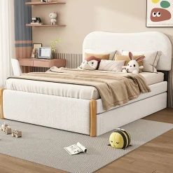 Lit 140x200 cm tapissé en velours blanc avec lit gigogne rétractable et tête de lit minimaliste en MDF