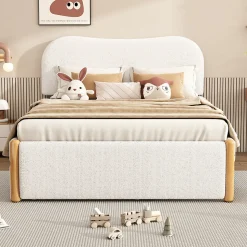 Lit 140x200 cm tapissé en velours blanc avec lit gigogne rétractable et tête de lit minimaliste en MDF