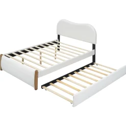 Lit 140x200 cm tapissé en velours blanc avec lit gigogne rétractable et tête de lit minimaliste en MDF