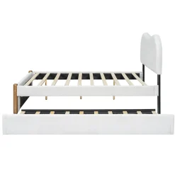 Lit 140x200 cm tapissé en velours blanc avec lit gigogne rétractable et tête de lit minimaliste en MDF