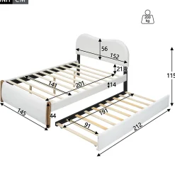 Lit 140x200 cm tapissé en velours blanc avec lit gigogne rétractable et tête de lit minimaliste en MDF