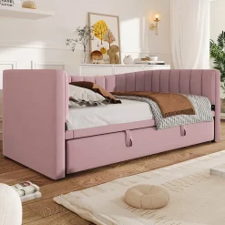 Lit 90x200 cm tapissé en velours avec lit gigogne escamotable, convertible en sofa minimaliste rose