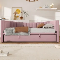 Lit 90x200 cm tapissé en velours avec lit gigogne escamotable, convertible en sofa minimaliste rose
