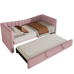 Lit 90x200 cm tapissé en velours avec lit gigogne escamotable, convertible en sofa minimaliste rose
