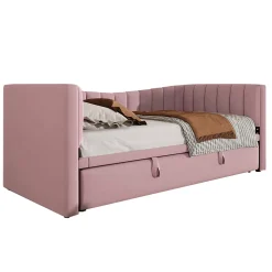 Lit 90x200 cm tapissé en velours avec lit gigogne escamotable, convertible en sofa minimaliste rose