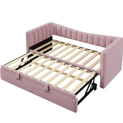 Lit 90x200 cm tapissé en velours avec lit gigogne escamotable, convertible en sofa minimaliste rose