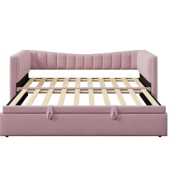 Lit 90x200 cm tapissé en velours avec lit gigogne escamotable, convertible en sofa minimaliste rose
