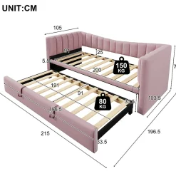 Lit 90x200 cm tapissé en velours avec lit gigogne escamotable, convertible en sofa minimaliste rose