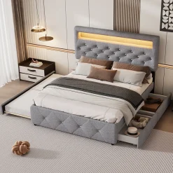 Lit 140x200 cm tapissé gris avec 2 tiroirs, lit gigogne intégré et tête de lit réglable, design élégant