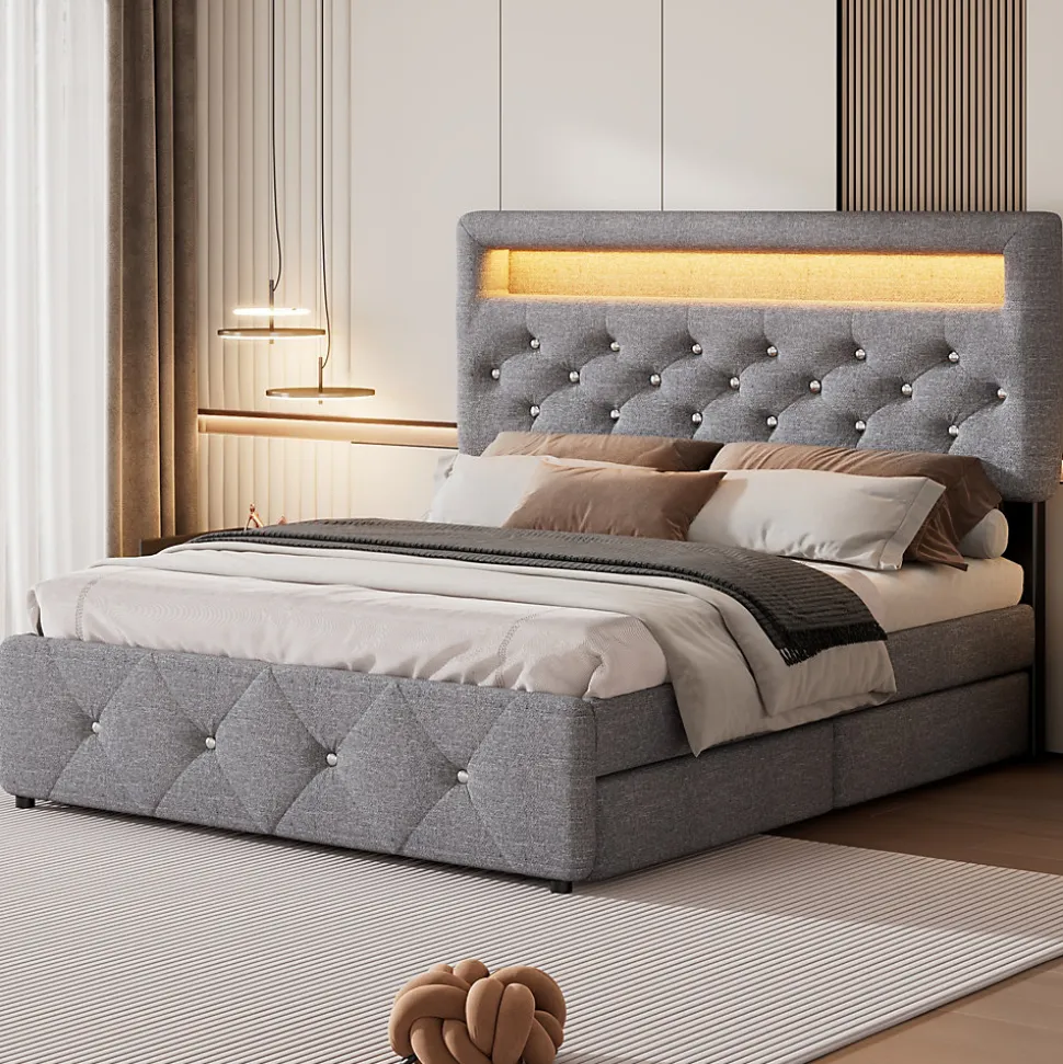 Lit 140x200 cm tapissé gris avec 2 tiroirs, lit gigogne intégré et tête de lit réglable, design élégant