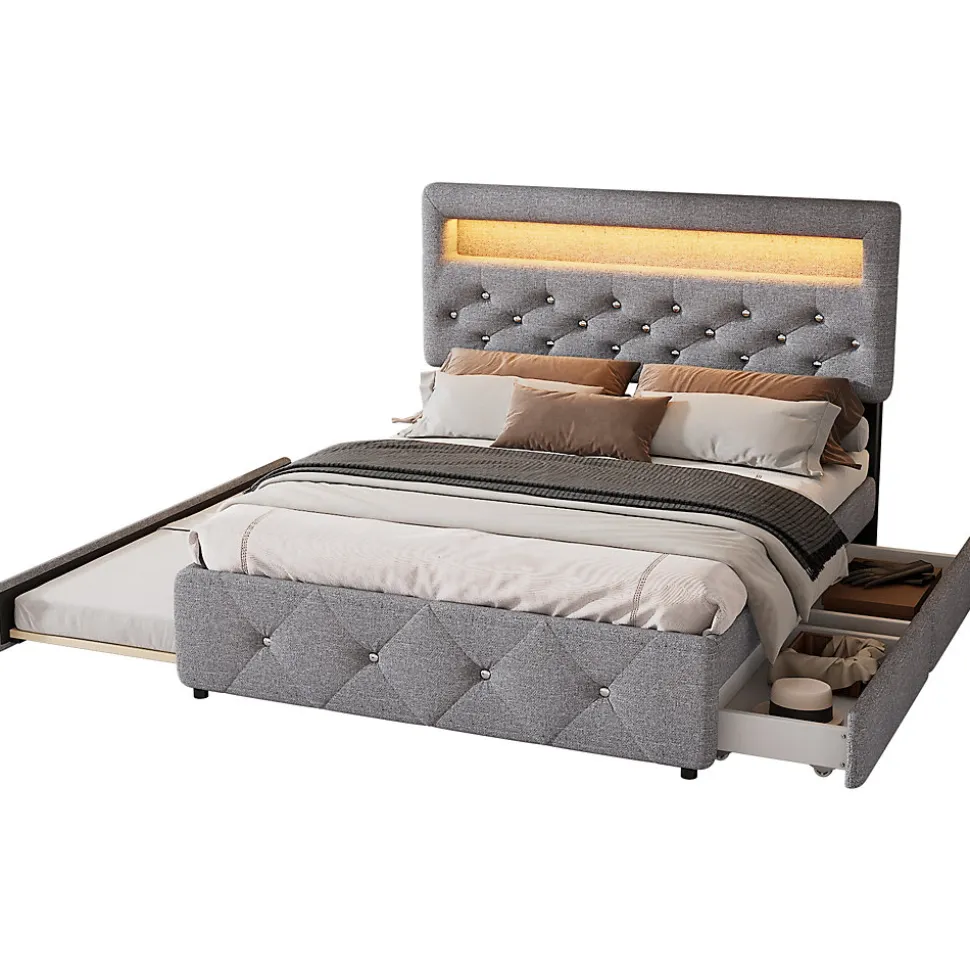 Lit 140x200 cm tapissé gris avec 2 tiroirs, lit gigogne intégré et tête de lit réglable, design élégant