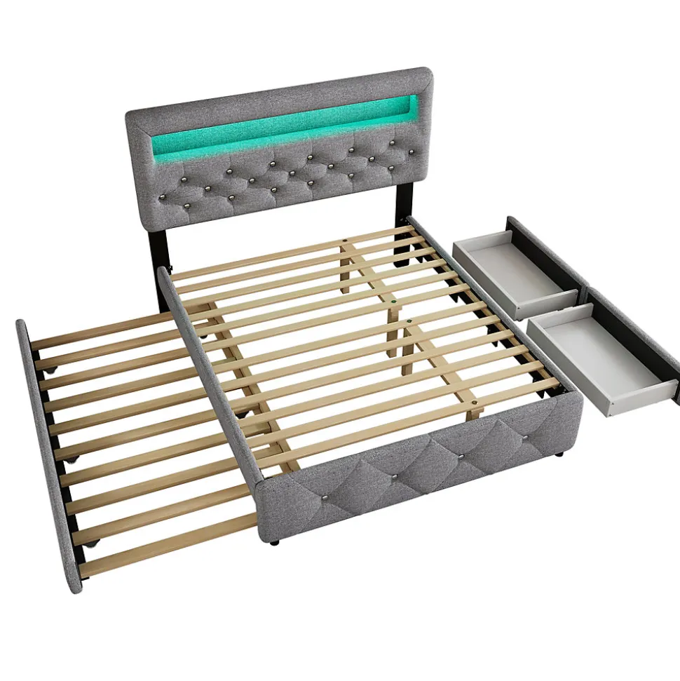 Lit 140x200 cm tapissé gris avec 2 tiroirs, lit gigogne intégré et tête de lit réglable, design élégant