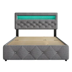 Lit 140x200 cm tapissé gris avec 2 tiroirs, lit gigogne intégré et tête de lit réglable, design élégant