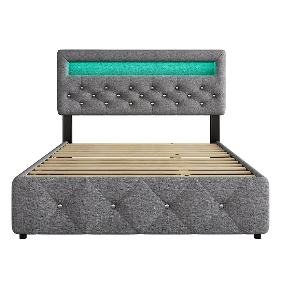 Lit 140x200 cm tapissé gris avec 2 tiroirs, lit gigogne intégré et tête de lit réglable, design élégant