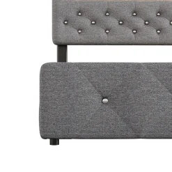 Lit 140x200 cm tapissé gris avec 2 tiroirs, lit gigogne intégré et tête de lit réglable, design élégant