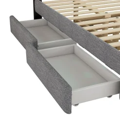 Lit 140x200 cm tapissé gris avec 2 tiroirs, lit gigogne intégré et tête de lit réglable, design élégant