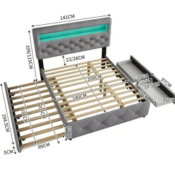 Lit 140x200 cm tapissé gris avec 2 tiroirs, lit gigogne intégré et tête de lit réglable, design élégant