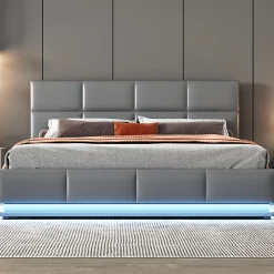 Lit 160x200 cm tapissé gris avec tête de lit rembourrée, coffre de rangement hydraulique et éclairage LED