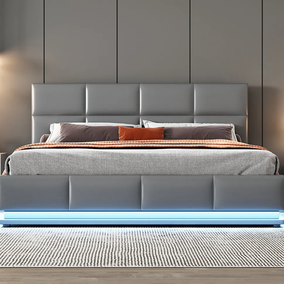 Lit 160x200 cm tapissé gris avec tête de lit rembourrée, coffre de rangement hydraulique et éclairage LED