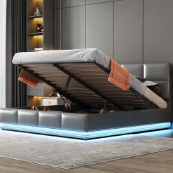 Lit 160x200 cm tapissé gris avec tête de lit rembourrée, coffre de rangement hydraulique et éclairage LED