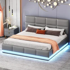 Lit 160x200 cm tapissé gris avec tête de lit rembourrée, coffre de rangement hydraulique et éclairage LED