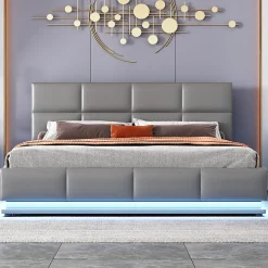 Lit 160x200 cm tapissé gris avec tête de lit rembourrée, coffre de rangement hydraulique et éclairage LED