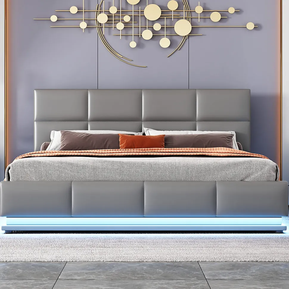 Lit 160x200 cm tapissé gris avec tête de lit rembourrée, coffre de rangement hydraulique et éclairage LED