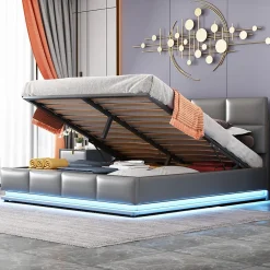 Lit 160x200 cm tapissé gris avec tête de lit rembourrée, coffre de rangement hydraulique et éclairage LED