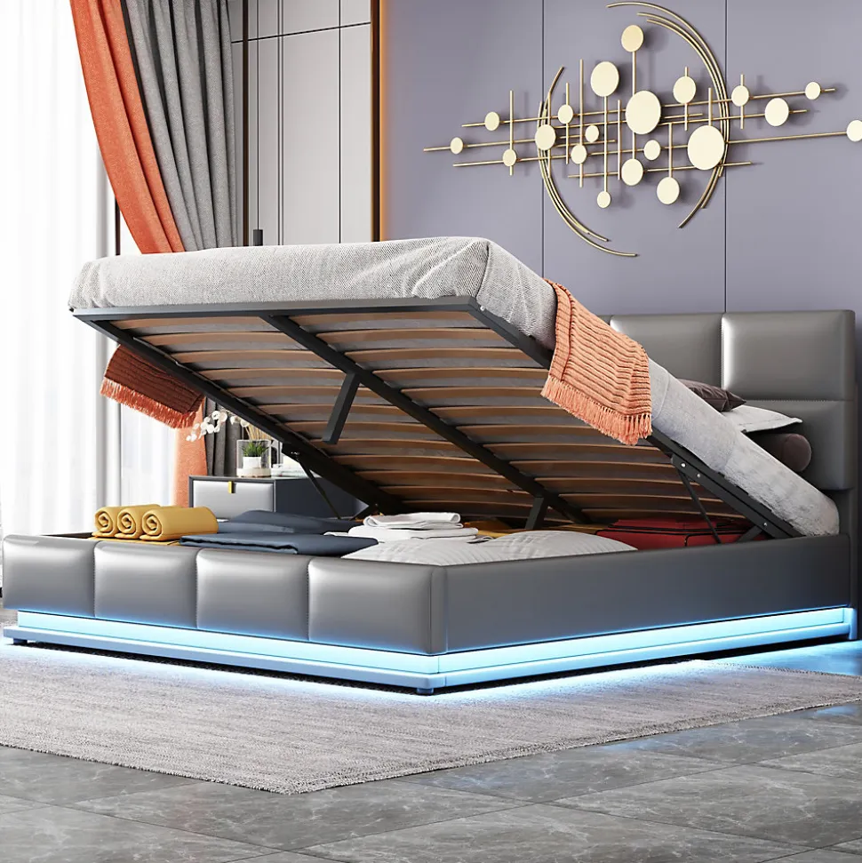 Lit 160x200 cm tapissé gris avec tête de lit rembourrée, coffre de rangement hydraulique et éclairage LED
