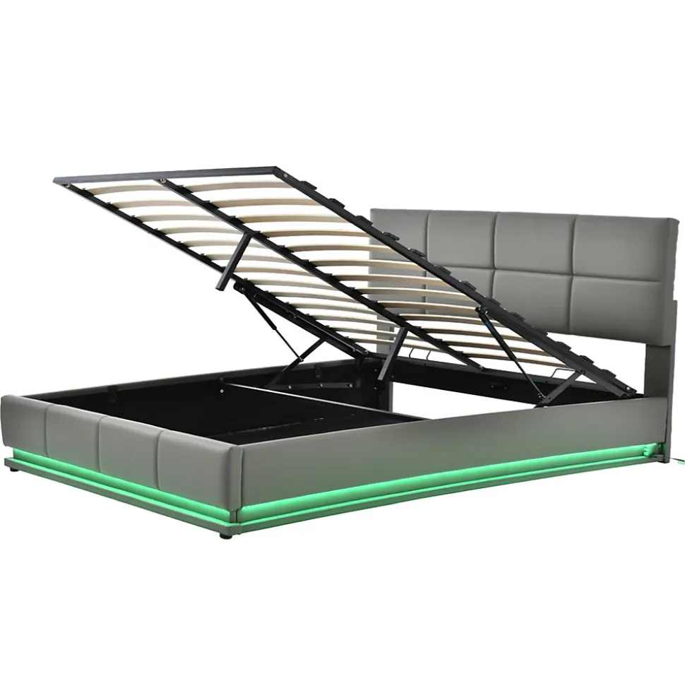 Lit 160x200 cm tapissé gris avec tête de lit rembourrée, coffre de rangement hydraulique et éclairage LED