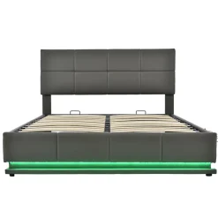 Lit 160x200 cm tapissé gris avec tête de lit rembourrée, coffre de rangement hydraulique et éclairage LED