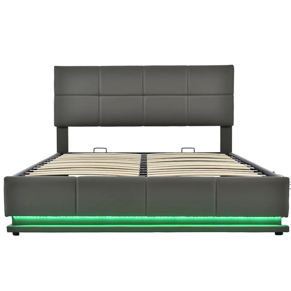 Lit 160x200 cm tapissé gris avec tête de lit rembourrée, coffre de rangement hydraulique et éclairage LED