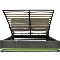 Lit 160x200 cm tapissé gris avec tête de lit rembourrée, coffre de rangement hydraulique et éclairage LED