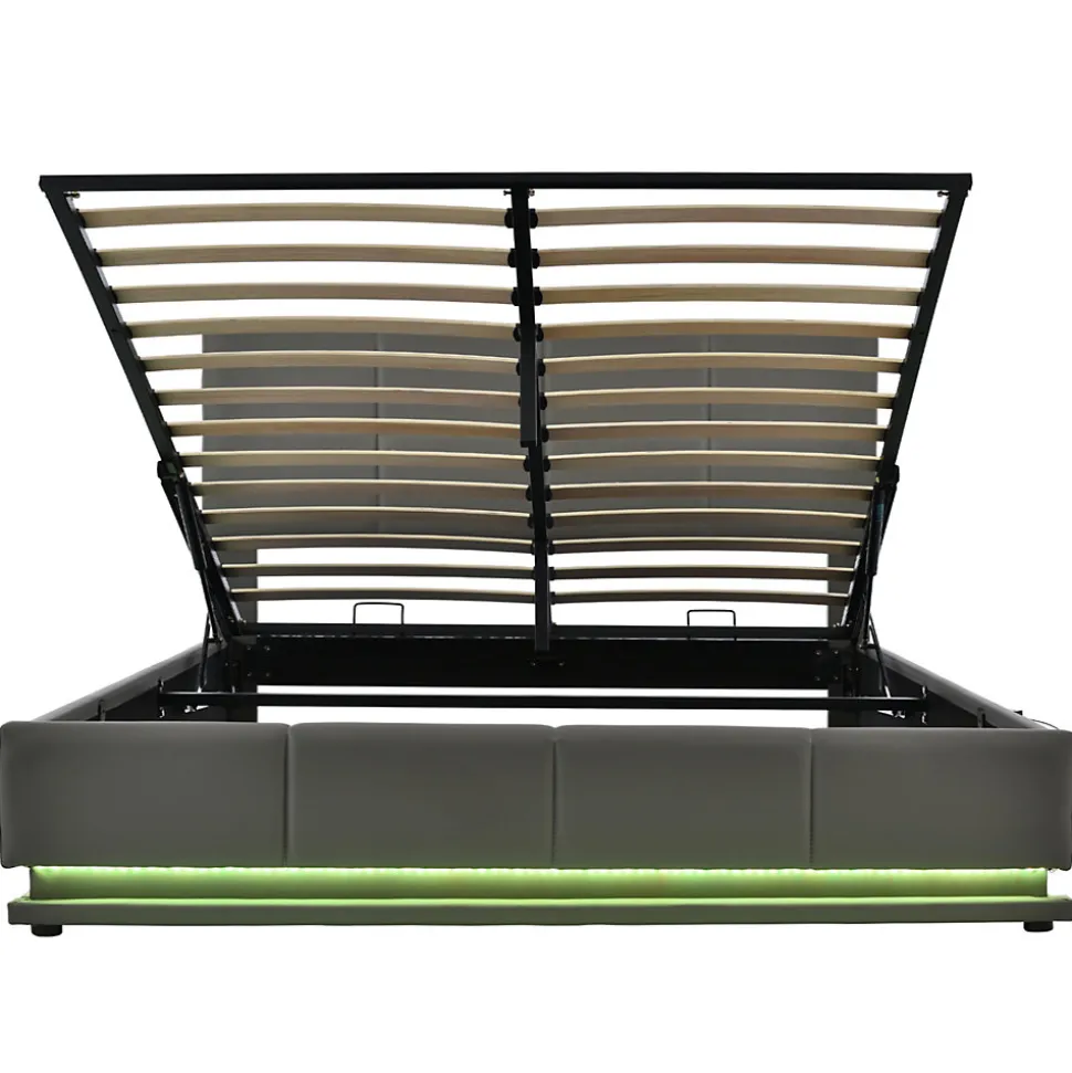 Lit 160x200 cm tapissé gris avec tête de lit rembourrée, coffre de rangement hydraulique et éclairage LED