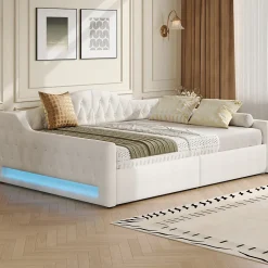 Lit 140x200 cm tapissé lin avec grand rangement sous sommier et bande led 7 couleurs, finition beige élégante