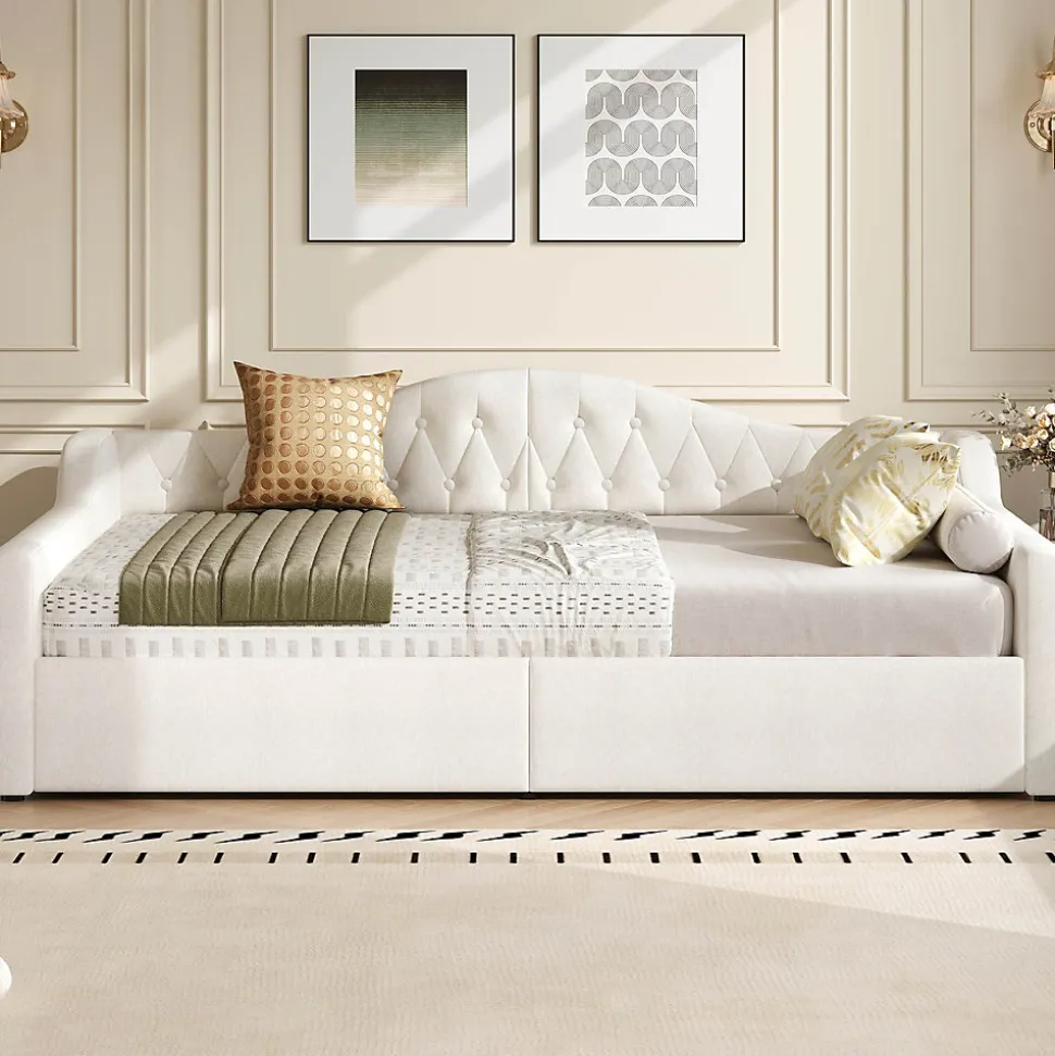 Lit 140x200 cm tapissé lin avec grand rangement sous sommier et bande led 7 couleurs, finition beige élégante