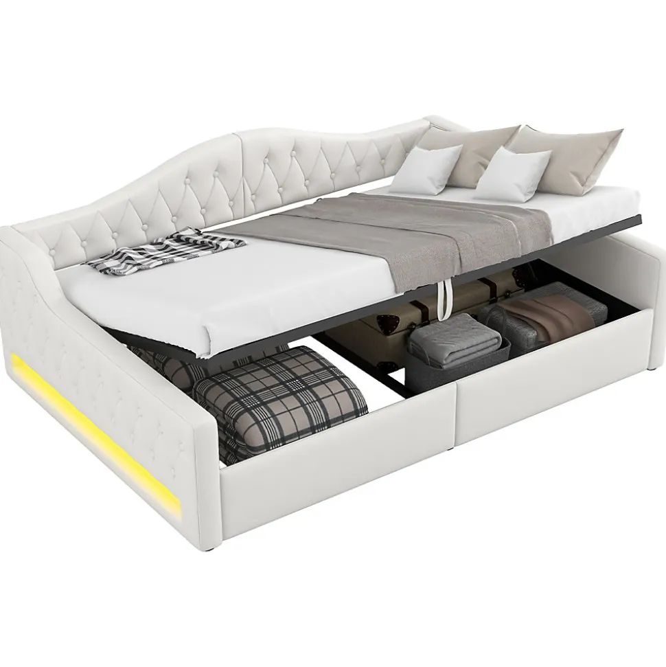 Lit 140x200 cm tapissé lin avec grand rangement sous sommier et bande led 7 couleurs, finition beige élégante