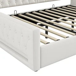 Lit 140x200 cm tapissé lin avec grand rangement sous sommier et bande led 7 couleurs, finition beige élégante