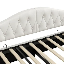 Lit 140x200 cm tapissé lin avec grand rangement sous sommier et bande led 7 couleurs, finition beige élégante