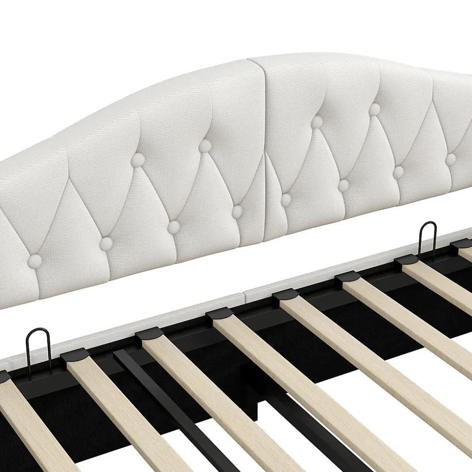 Lit 140x200 cm tapissé lin avec grand rangement sous sommier et bande led 7 couleurs, finition beige élégante