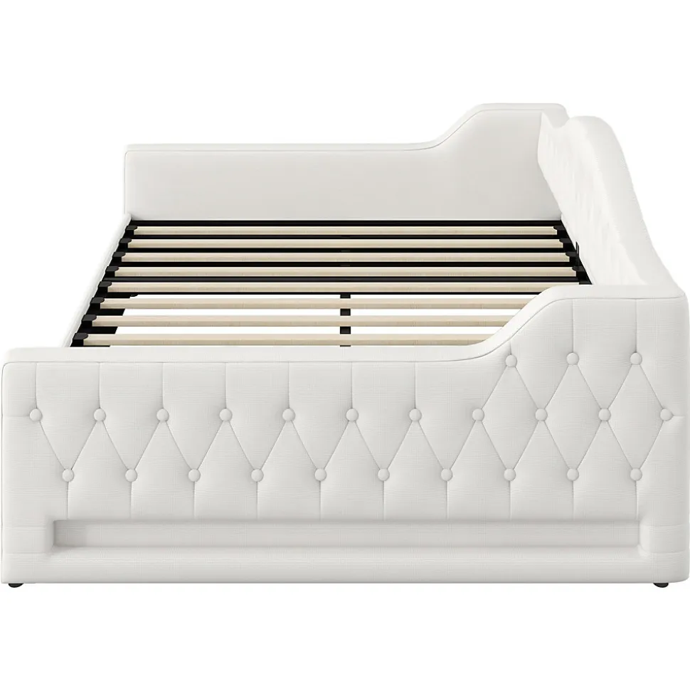 Lit 140x200 cm tapissé lin avec grand rangement sous sommier et bande led 7 couleurs, finition beige élégante