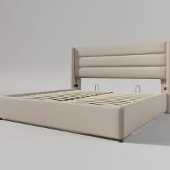 Lit 160x200 cm tapissé lin beige avec coffre de rangement hydraulique, tête de lit rembourrée et cadre robuste