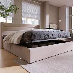 Lit 160x200 cm tapissé lin beige avec coffre de rangement hydraulique, tête de lit rembourrée et cadre robuste