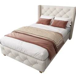 Lit 90x200 cm tapissé lin beige avec tête de lit capitonnée, clous décoratifs et pieds en bois renforcés