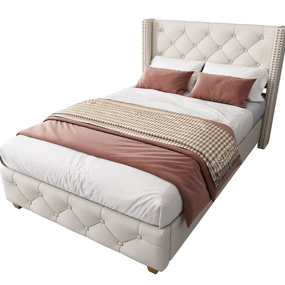 Lit 90x200 cm tapissé lin beige avec tête de lit capitonnée, clous décoratifs et pieds en bois renforcés