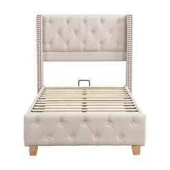 Lit 90x200 cm tapissé lin beige avec tête de lit capitonnée, clous décoratifs et pieds en bois renforcés