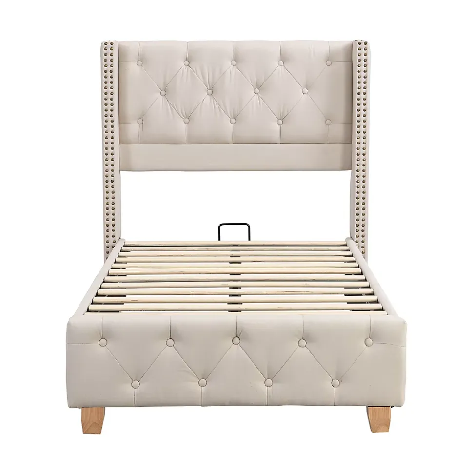 Lit 90x200 cm tapissé lin beige avec tête de lit capitonnée, clous décoratifs et pieds en bois renforcés